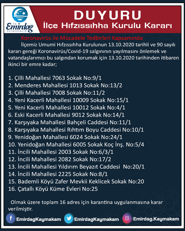 16 BİNA KARANTİNADA