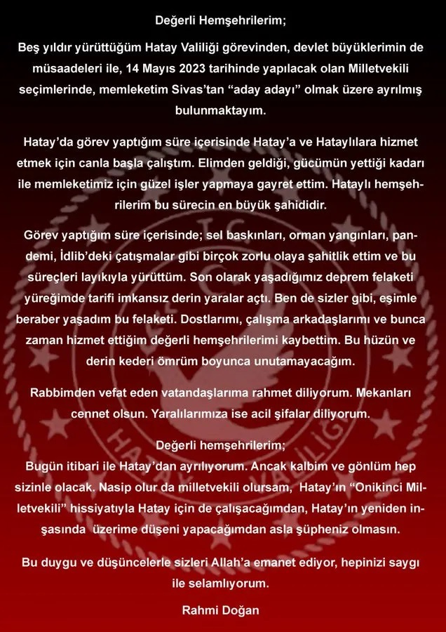 HATAY VALİSİ RAHMİ DOĞAN İSTİFA ETTİ!