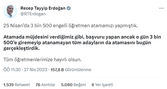 ERDOĞAN: 3 BİN 500'E GİREMEYEN ENGELLİ ÖĞRETMEN ADAYLARIMIZIN ATAMASINI BUGÜN GERÇEKLEŞTİRDİK