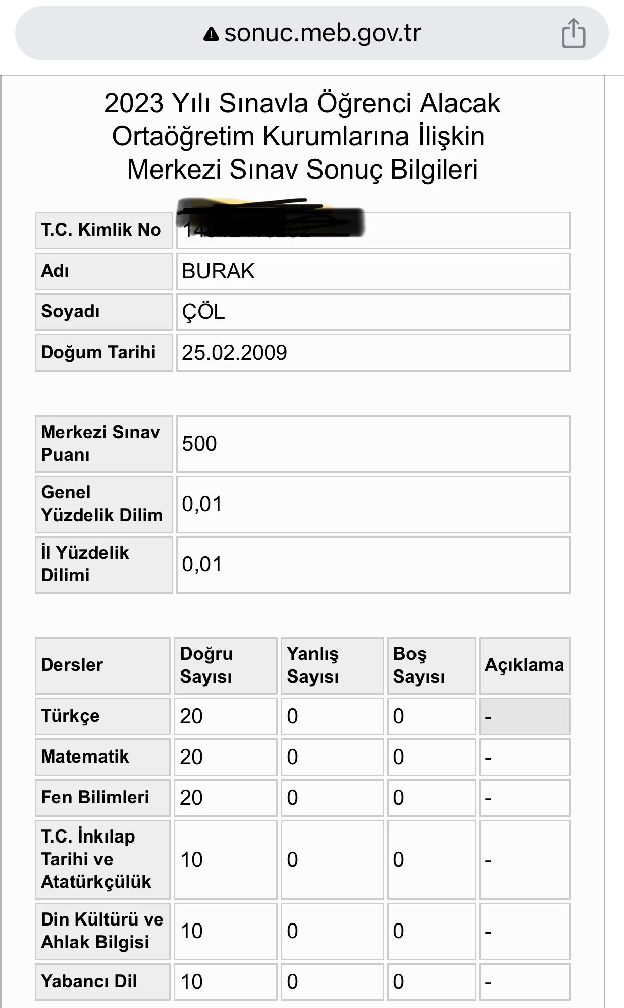 BAŞKANIN OĞLUNDAN LGS’DE TAM PUAN