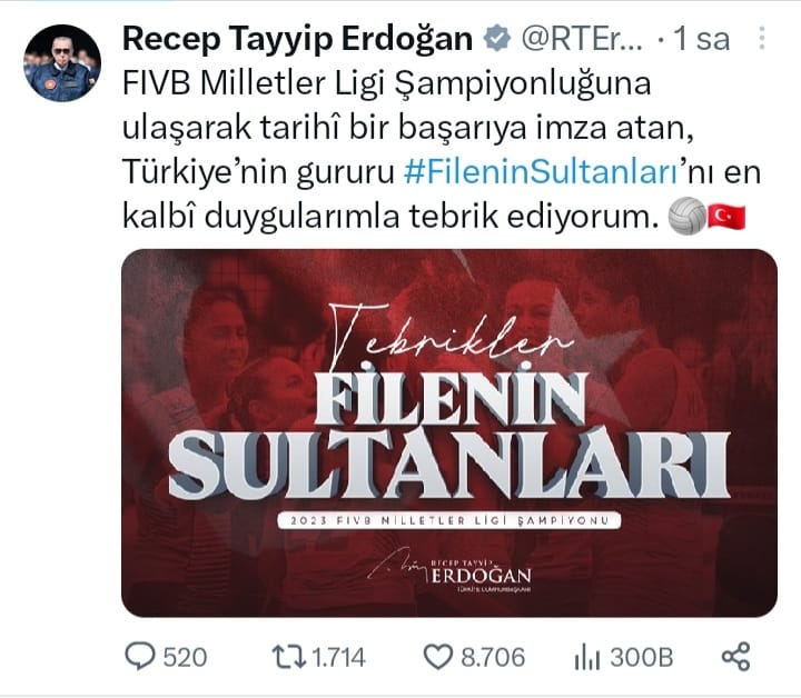 “TÜRKİYE'NİN GURURU FİLENİN SULTANLARI'NI EN KALBİ DUYGULARIMLA TEBRİK EDİYORUM”