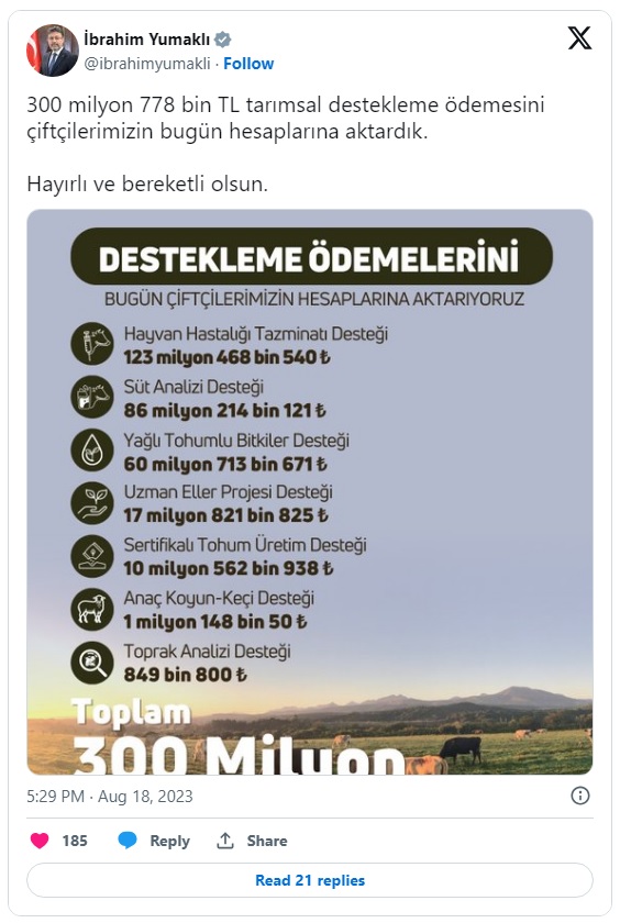 TARIMSAL DESTEKLEME ÖDEMELERİ BUGÜN ÇİFTÇİLERİN HESAPLARINA AKTARILDI