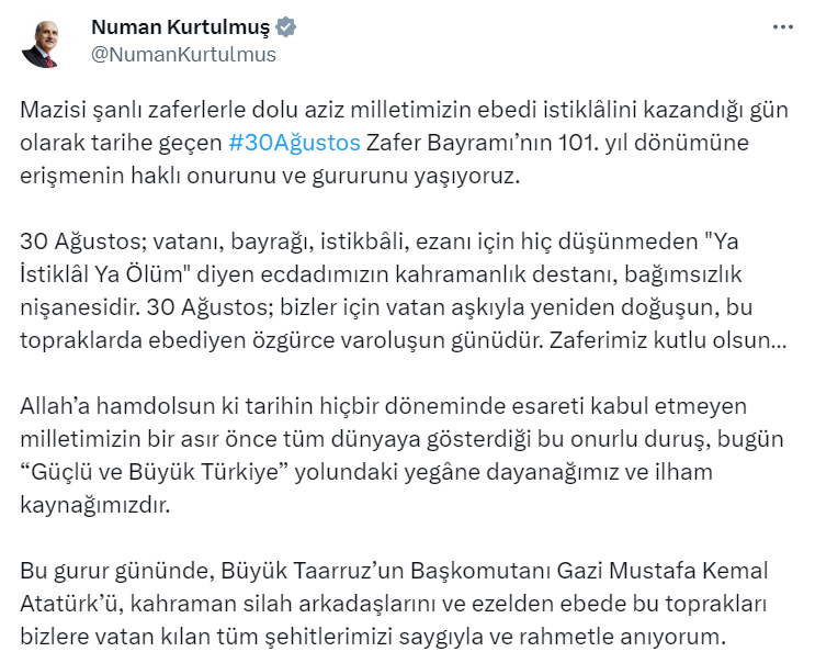 “30 AĞUSTOS BİZLER İÇİN BU TOPRAKLARDA EBEDİYEN ÖZGÜRCE VAROLUŞUN GÜNÜDÜR”
