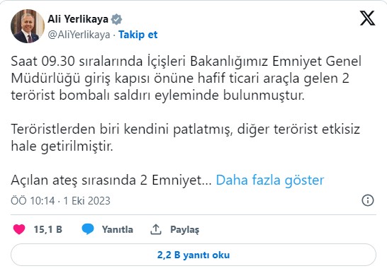 PATLAMA İLE İLGİLİ İÇ İŞLERİ BAKANI YERLİKAYA'DAN İLK AÇIKLAMA