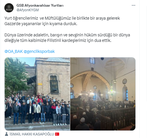 AFYONKARAHİSARLI ÖĞRENCİLER FİLSTİN İÇİN MEVLEVİ CAMİİNDE BULUŞTU