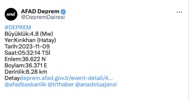 Hatay'da 4.8 büyüklüğünde deprem!