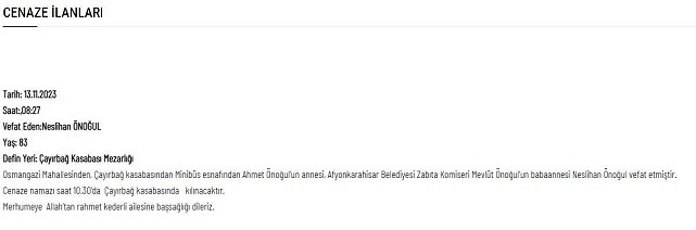 Afyonkarahisar'da bugün vefat edenler 13 Kasım 2023