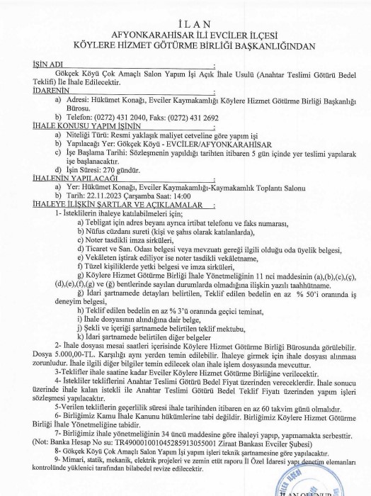 Afyonkarahisar Valiliği çok amaçlı salon yapımı için ihaleye çıkılıyor