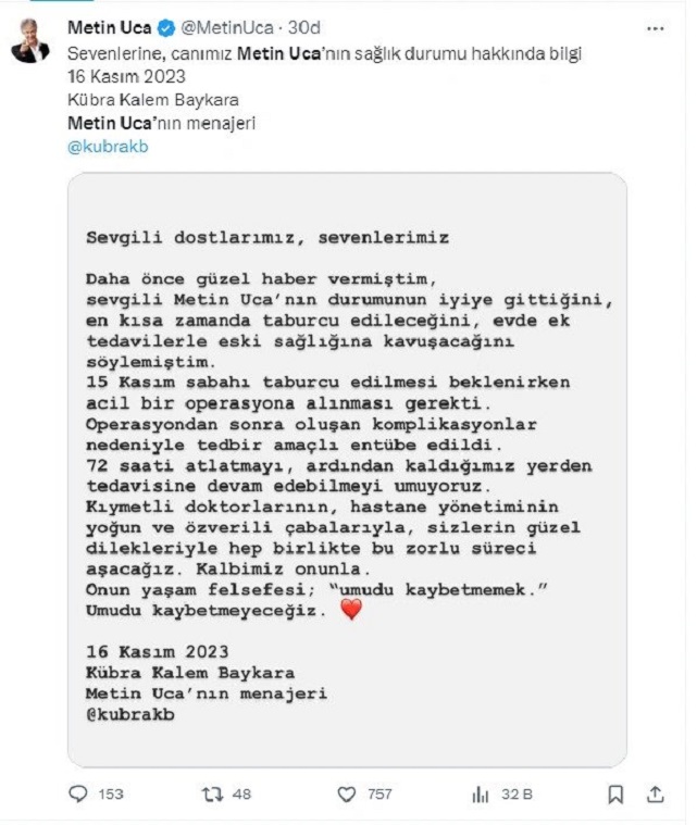 METİN UCA’DAN KÖTÜ HABER