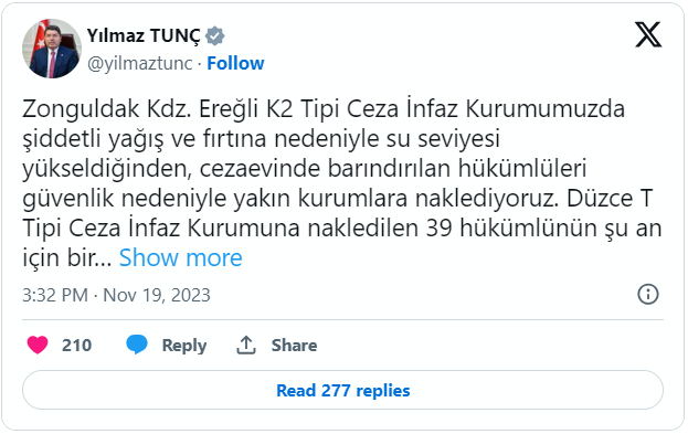 Bakan Tunç Sosyal Medyadan Duyurdu
