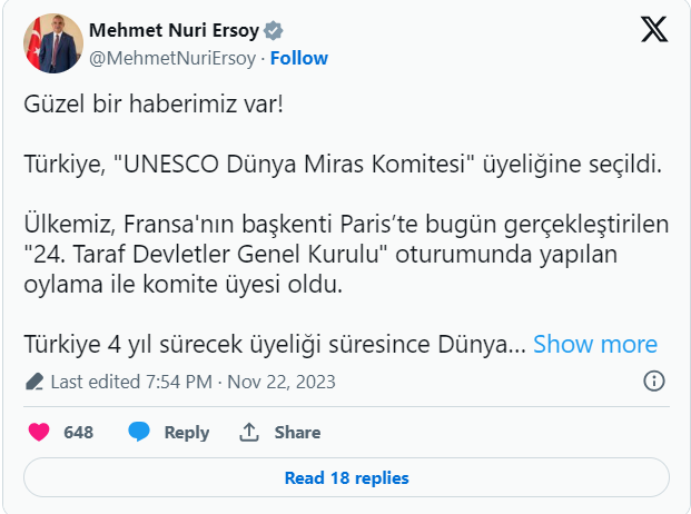 Türkiye ‘Dünya Miras Komitesi Üyeliği’ne Seçildi