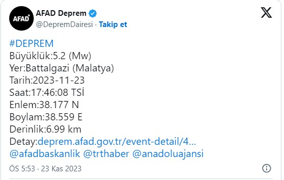 5.2 büyüklüğünde deprem