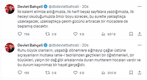 MHP Lideri Devlet Bahçeli'den dikkat çeken öğretmenler günü  mesajı