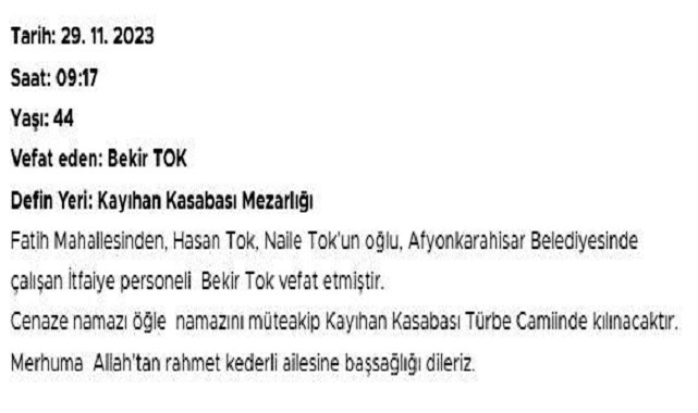 Afyon'da Bugün Vefat Edenler...