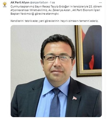 Eski Vekil Aslan'a Bir Tebrikte Partisinin İl Başkanlığından Geldi