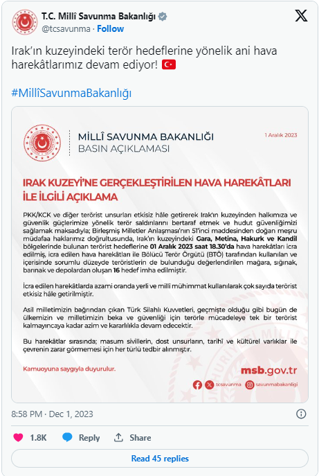 Irak'ın Kuzeyindeki 16 Hedef Hava Harekatıyla İmha Edildi