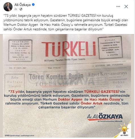 AK Partili Ali Özkaya Türkeli Gazetesi'nin Yeni Yaşını Kutladı.