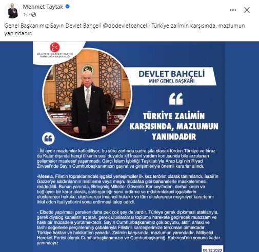 Taytak MHP lideri'nin  Filistin Mesajını paylaştı