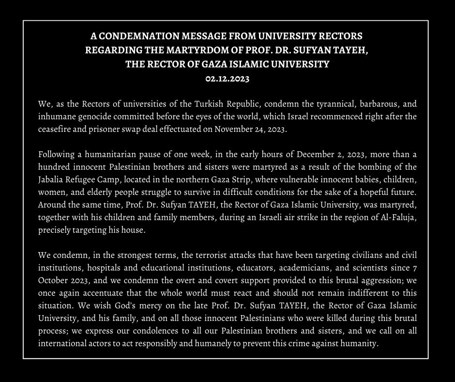 Üniversite Rektörlerinden Gazze İslam Üniversitesi Rektörü Prof. Dr. Sufyan Tayeh'in Şehit Edilmesi ile İlgili Kınama Mesajı