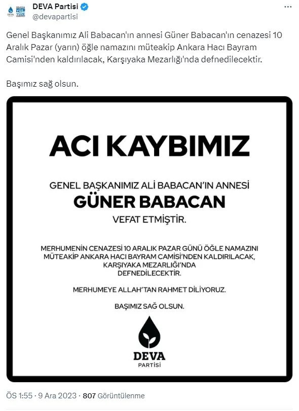 Deva Partisi Genel Başkanı  Ali Babacan'ın Acı Günü