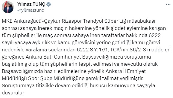 Adalet Bakanı Tunç: Hakem Halil Umut Meler'e yönelik yumruklu saldırıyla ilgili adli soruşturma başlatıldı