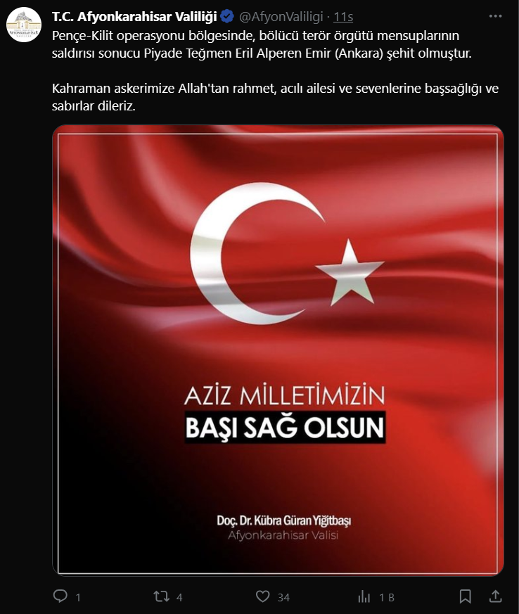 Vali Yiğitbaşı: “Aziz Milletimizin Başı Sağ Olsun”