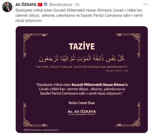 AK Partili Özkaya Hayatını Kaybeden Milletvekili Bitmez'e Taziye Yayınladı