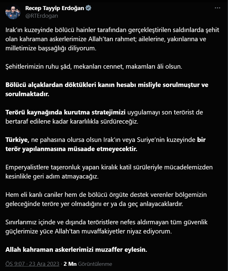 Cumhurbaşkanı Erdoğan'dan Taziye Mesajı