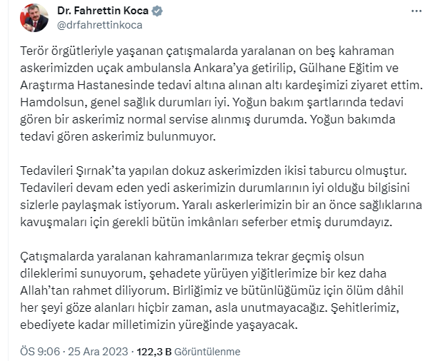 Bakan Koca, Pençe-Kilit Harekatı bölgesinde yaralanan askerlerimizin sağlık durumlarını aktardı