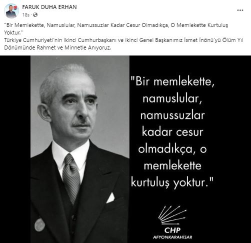 CHP'li Başkan Erhan'ın Paylaşımı Dikkat Çekti  İsmet İnönü'yü Şu Sözlerle Andı