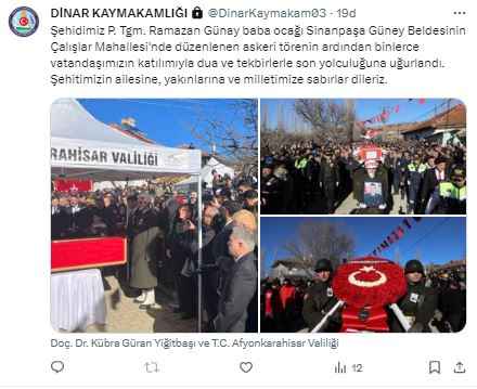 Dinar Kaymakamlığı Acıya Ortak Oldu Şehit Cenazesi İçin Kaymakamlıktan Taziye Paylaşımı