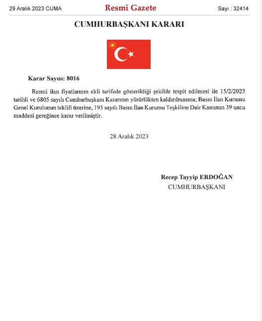 Cumhurbaşkanı Erdoğan İmzaladı: Resmi İlan fiyat tarifesi değişti