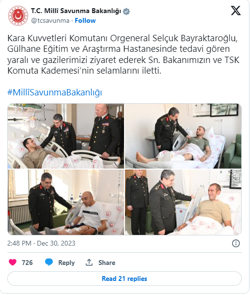 Kara Kuvvetleri Komutanı Orgeneral Bayraktaroğlu Tedavi Gören Askerleri Ziyaret Etti