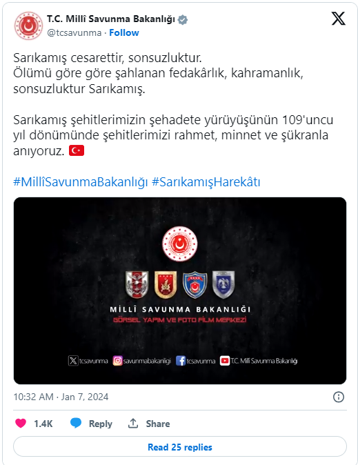 Msb'den Sarıkamış Harekatı'nın 109. Yılında Anlamlı Video