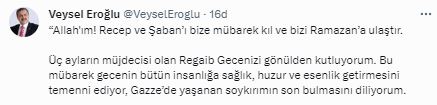 Eski Bakan Eroğlu Kandil Mesajı Yayınladı
