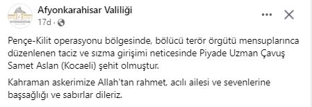Afyon Valiliğinden Bir Taziye Mesajı da Şehit Uzman Çavuş Aslan İçin Geldi