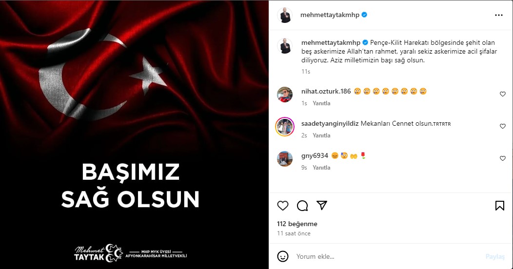 Taytak'tan Pençe-Kilit Harekatı Şehitleri İçin Taziye Mesajı yayınladı