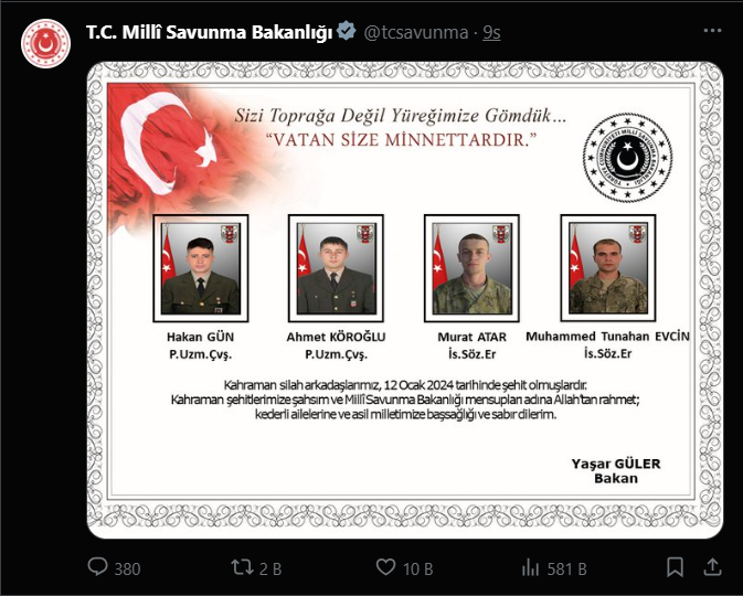 Vatan Sağ Olsun!  Yarım Saat Arayla Üç Askerin Daha Şehit Haberi Geldi
