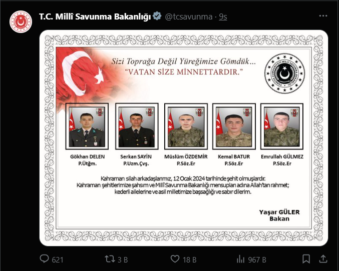 Vatan Sağ Olsun!  Yarım Saat Arayla Üç Askerin Daha Şehit Haberi Geldi