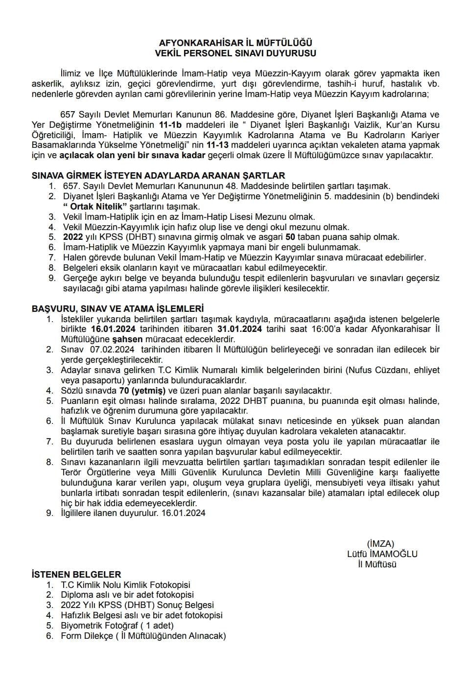 Afyon'da Müftülük İmam ve Müezzin Alımı Yapacak Detaylar Haberimizde