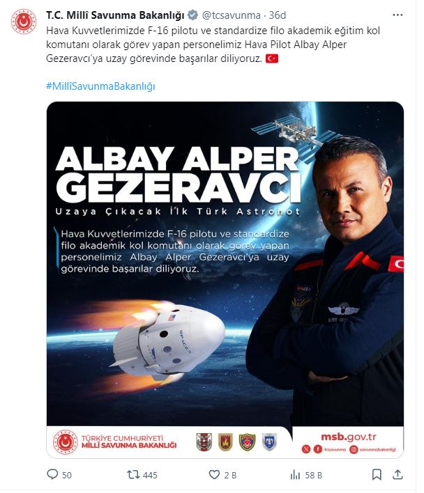 MSB'den İlk Türk Astronot Gezeravcı'ya Kutlama ve Tebrik Mesajı Yayınladı