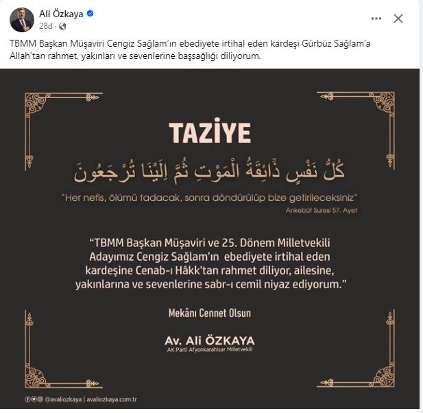 Başkanlık Müşaviri Sağlam'ın Acı Günü AK Partili Özkaya'dan Taziye Geldi