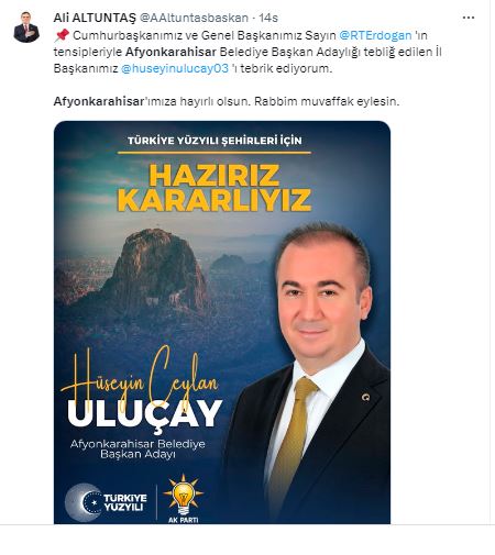 Çobanlar Belediye Başkanı  Altuntaş'tan Uluçay'a Tebrik Paylaşımı