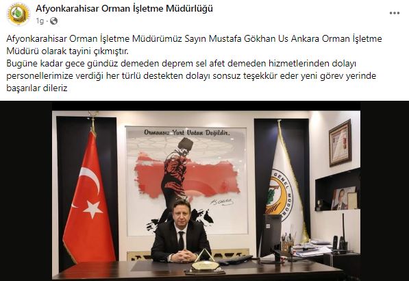 Afyon'da Görev Yapan Orman İşletme Müdürü Us Ankara'ya Tayin Oldu