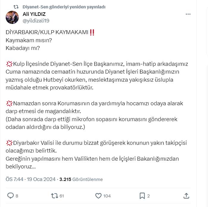 Diyarbakır'da, kaymakamın imamı darp ettiği iddia edildi