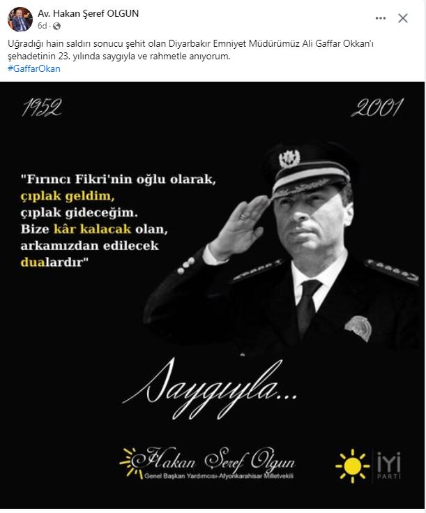 İYİ Partili Olgun Şehit Emniyet Müdürü Okkan'ı Andı
