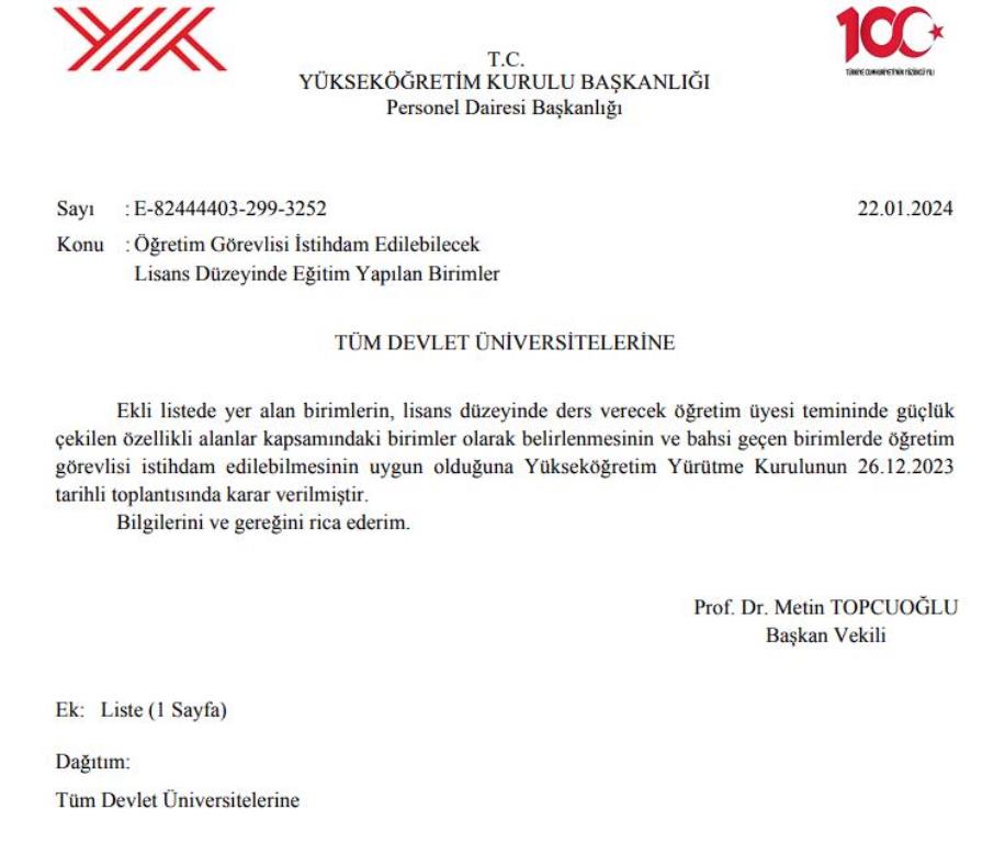 2024 YILINDA ÖĞRETİM GÖREVLİSİ ALINACAK ALANLAR BELLİ OLDU