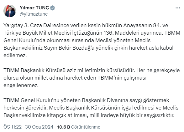 BAKAN TUÇ'TAN TBMM'DE YAŞANAN OLAYLARA İLİŞKİN İLK AÇIKLAMA