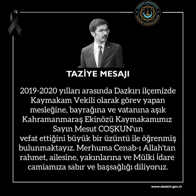 Dazkırı Kaymakamlığı Taziye Yayınladı