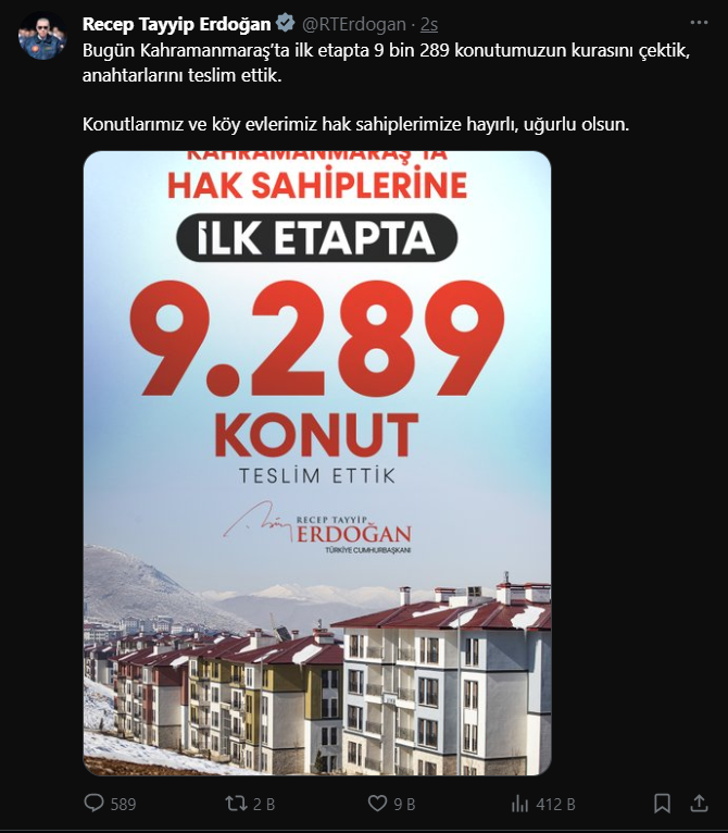 Cumhurbaşkanı Erdoğan : ‘Kahramanmaraş'ta 9 Bin 289 Konutu Hak Sahiplerine Teslim Edecek’
